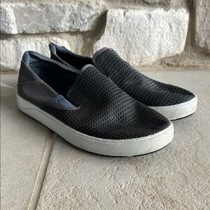 OluKai Black and Gray Slip-On Loafers